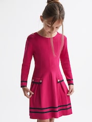 Reiss Bright Pink Paige Senior Knitted Flared Dress - Image 1 of 6