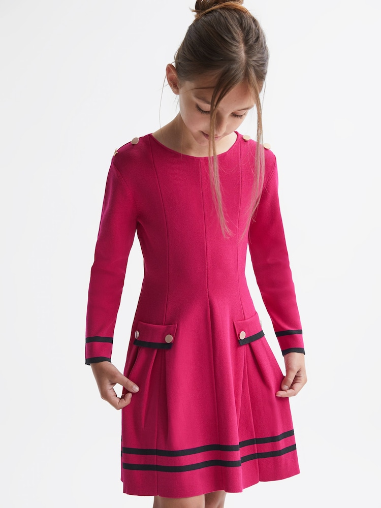 Reiss Bright Pink Paige Senior Knitted Flared Dress - Image 1 of 6