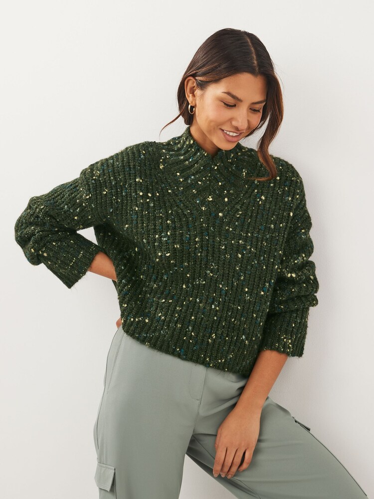 Khakigrün - Gerippter Pullover mit hohem Kragen - Bild 1 von 5