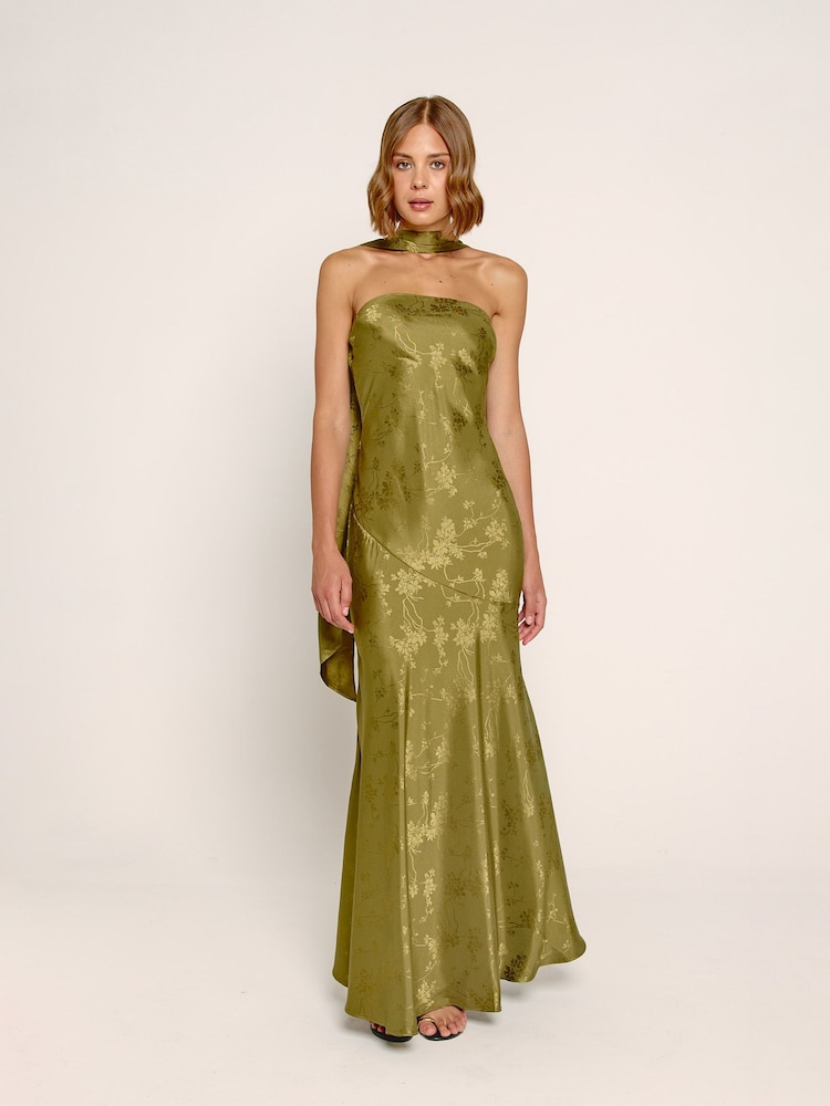 Rare London Green Bandeau Scarf Satin Maxi Dress - Image 1 of 4