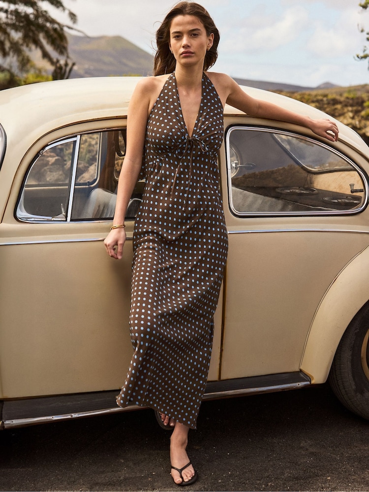 Ro&Zo Brown Spot Print Halter Neck Dress - Image 1 of 5