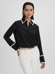 Reiss Black Murphy Silk Contrast Trim Button-Through Shirt - Image 1 of 5