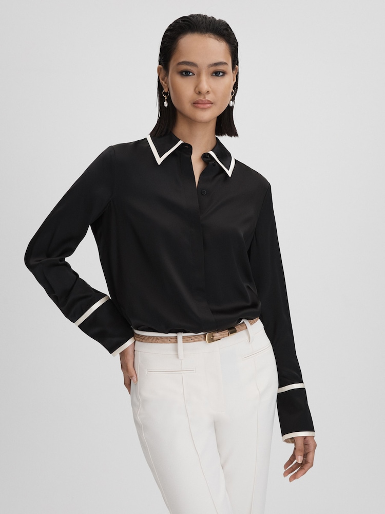 Reiss Black Murphy Silk Contrast Trim Button-Through Shirt - Image 1 of 5