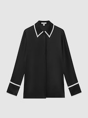 Reiss Black Murphy Silk Contrast Trim Button-Through Shirt - Image 2 of 5
