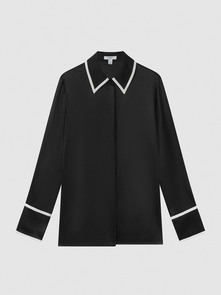 Reiss Black Murphy Silk Contrast Trim Button-Through Shirt - Image 2 of 5