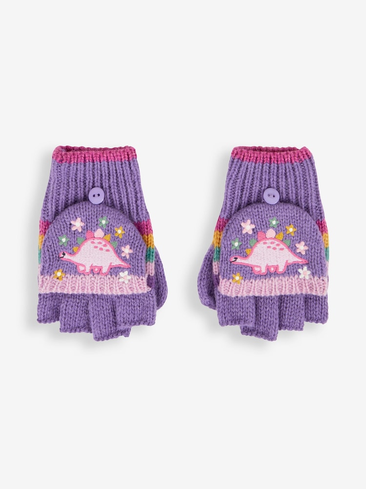 JoJo Maman Bébé Lilac Girls' Pretty Dinosaur Striped Gloves - Image 1 of 4