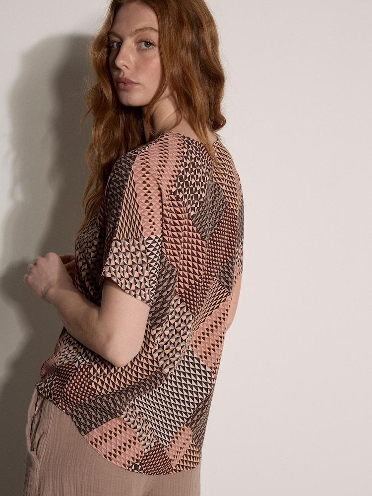 Apricot Orange Geometric Patchwork Textured T-Shirt - Image 4 of 4