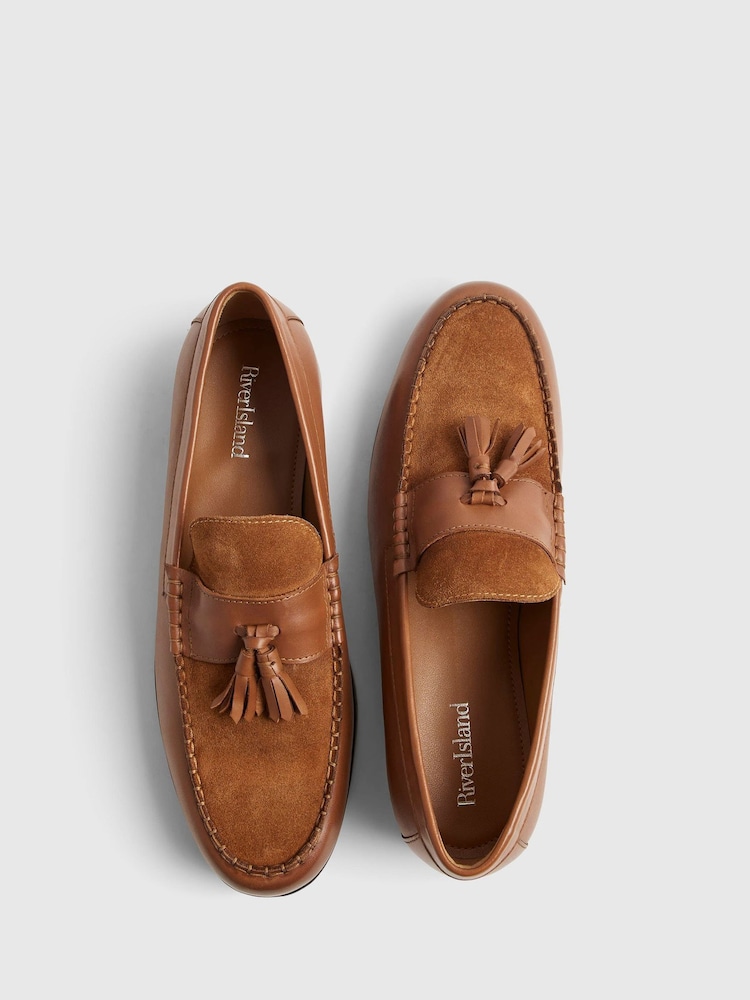 River Island Brown Tan Texture Tassel Loafers - Image 2 of 4