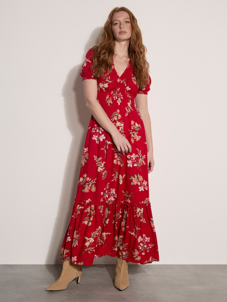 Apricot Red Watercolour Floral Maxi Dress - Image 1 of 4