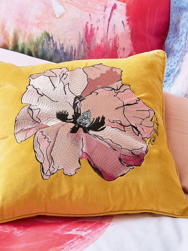 Ted Baker Gold Art Floral 100% Cotton Cushion - Image 1 of 5