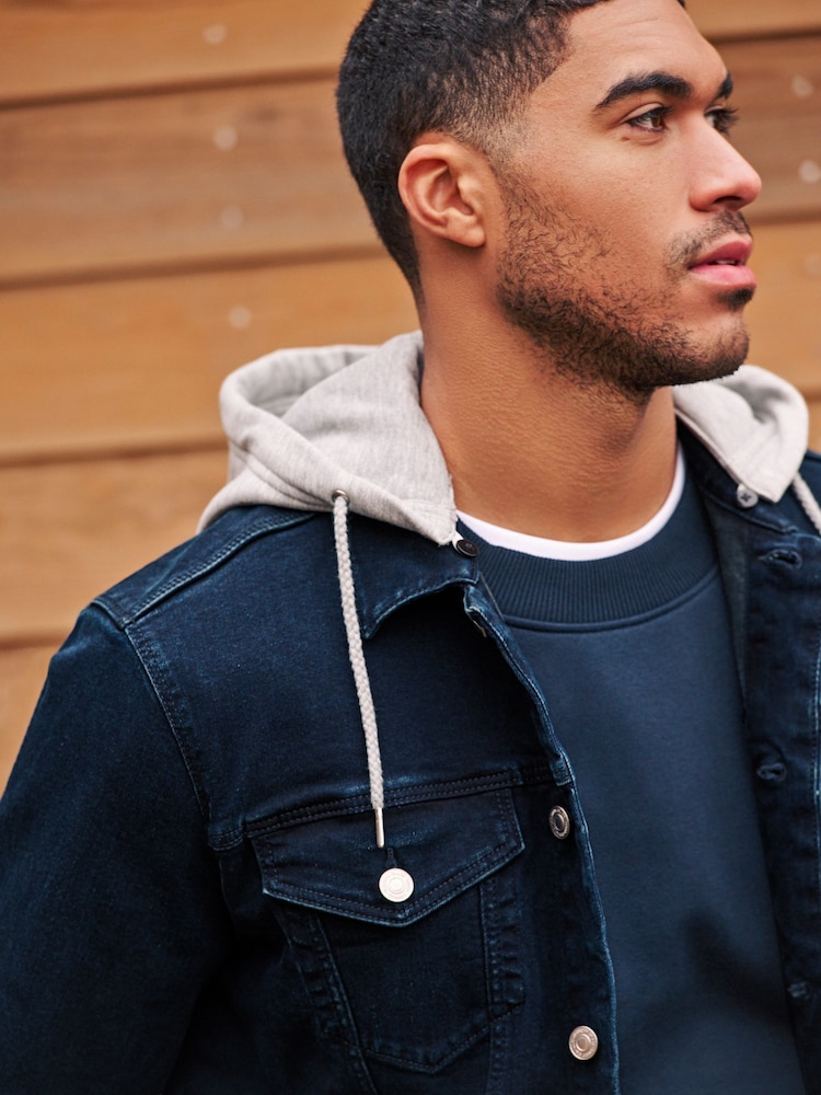 Blue Denim Jacket with Grey Jersey Hood - Image 7 of 13