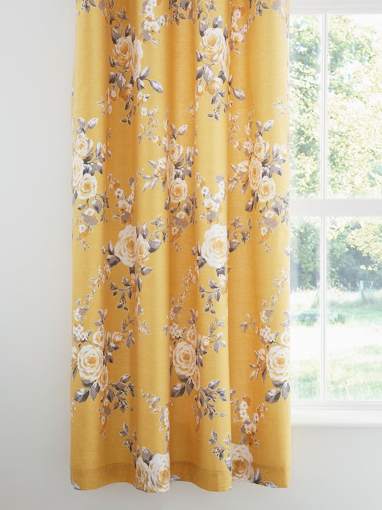 Catherine Lansfield Ochre Yellow Canterbury Floral Eyelet Curtains - Image 1 of 2