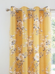 Catherine Lansfield Ochre Yellow Canterbury Floral Eyelet Curtains - Image 4 of 6