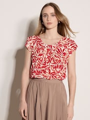 Apricot Red Leaf Print Tulip Sleeve Top - Image 1 of 5