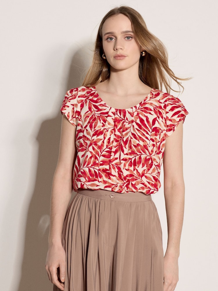 Apricot Red Leaf Print Tulip Sleeve Top - Image 1 of 5