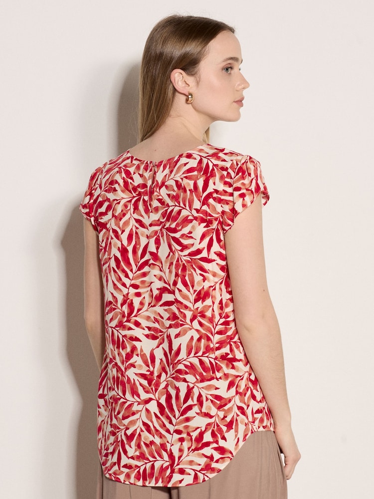 Apricot Red Leaf Print Tulip Sleeve Top - Image 2 of 5