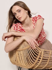 Apricot Red Leaf Print Tulip Sleeve Top - Image 4 of 5