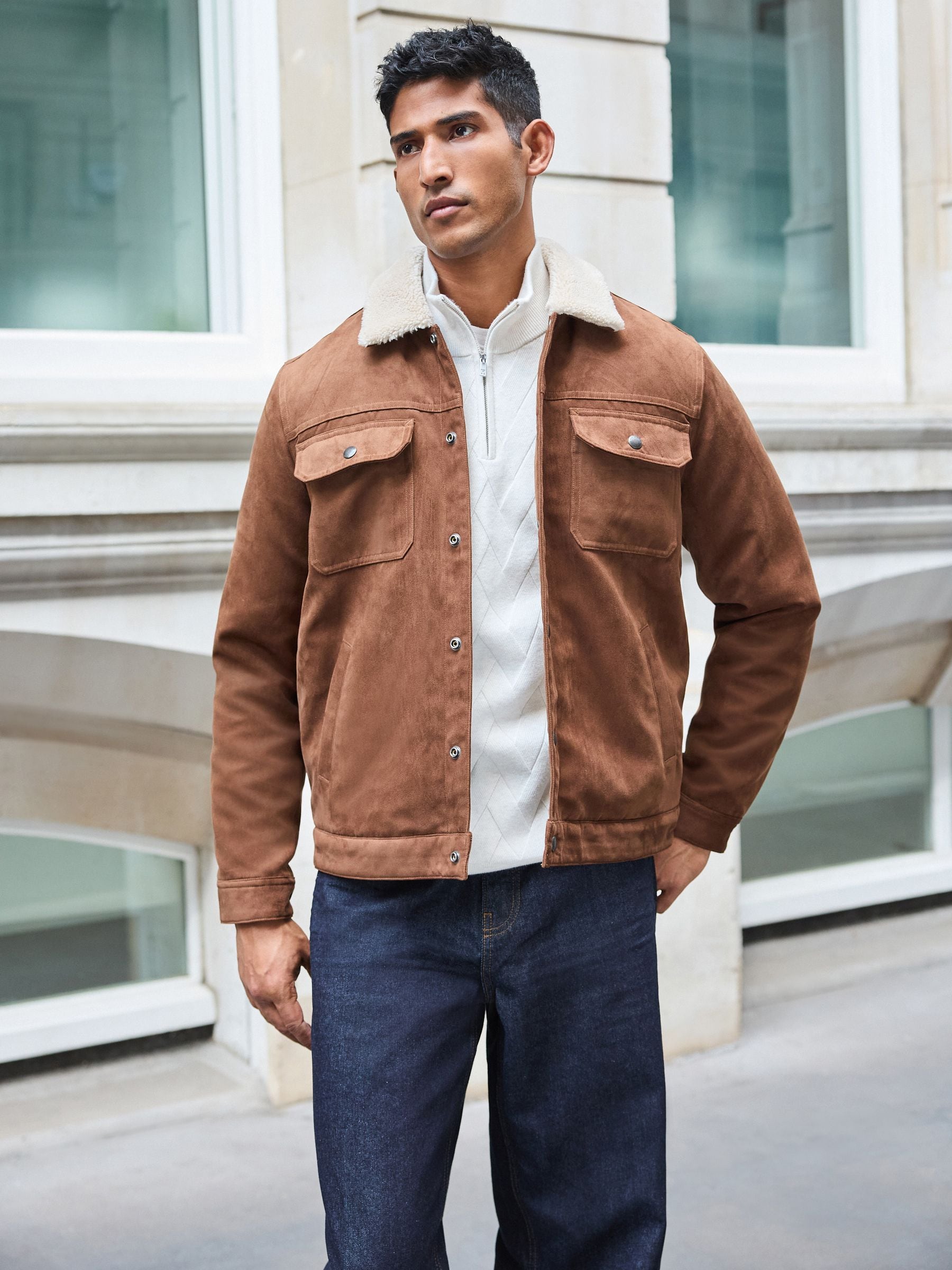 Suede borg jacket mens top