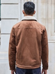 Brown Faux Suede Borg Collared Trucker Jacket - Image 3 of 11