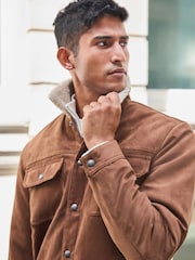 Brown Faux Suede Borg Collared Trucker Jacket - Image 4 of 11