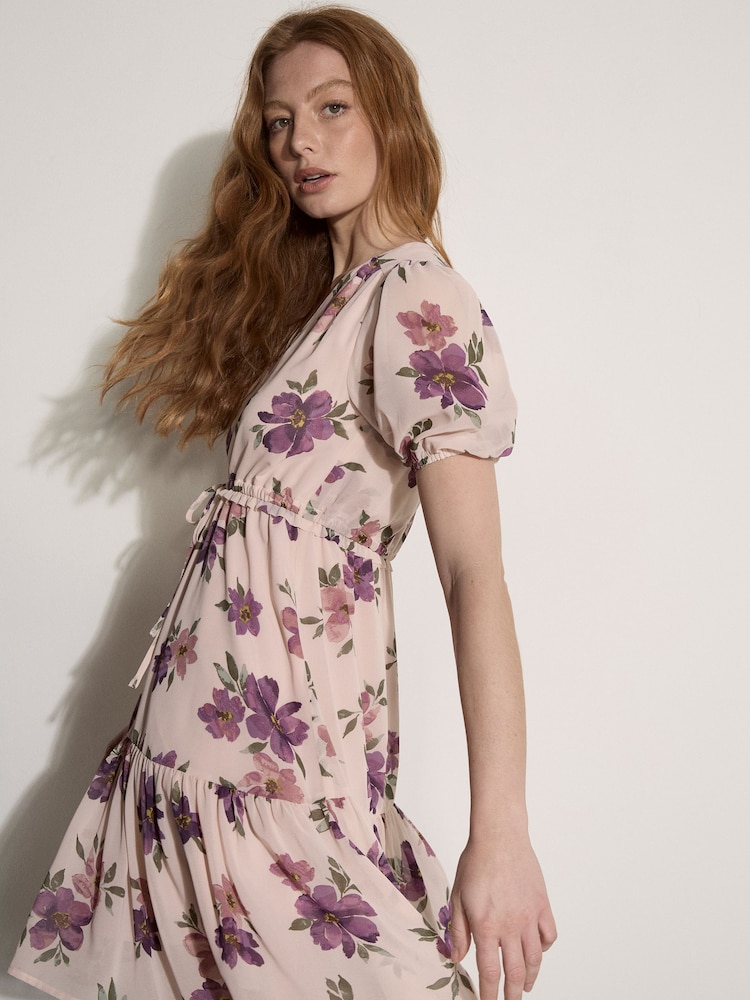 Rosa - Apricot Floral Rose Chiffon Mini Dress - Imagen 2 de 4