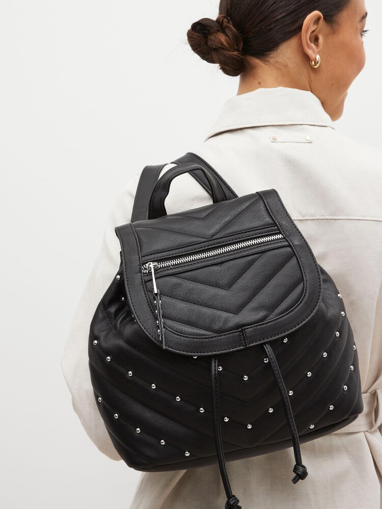Black Quilted Stud Front Backpack - Image 1 of 8