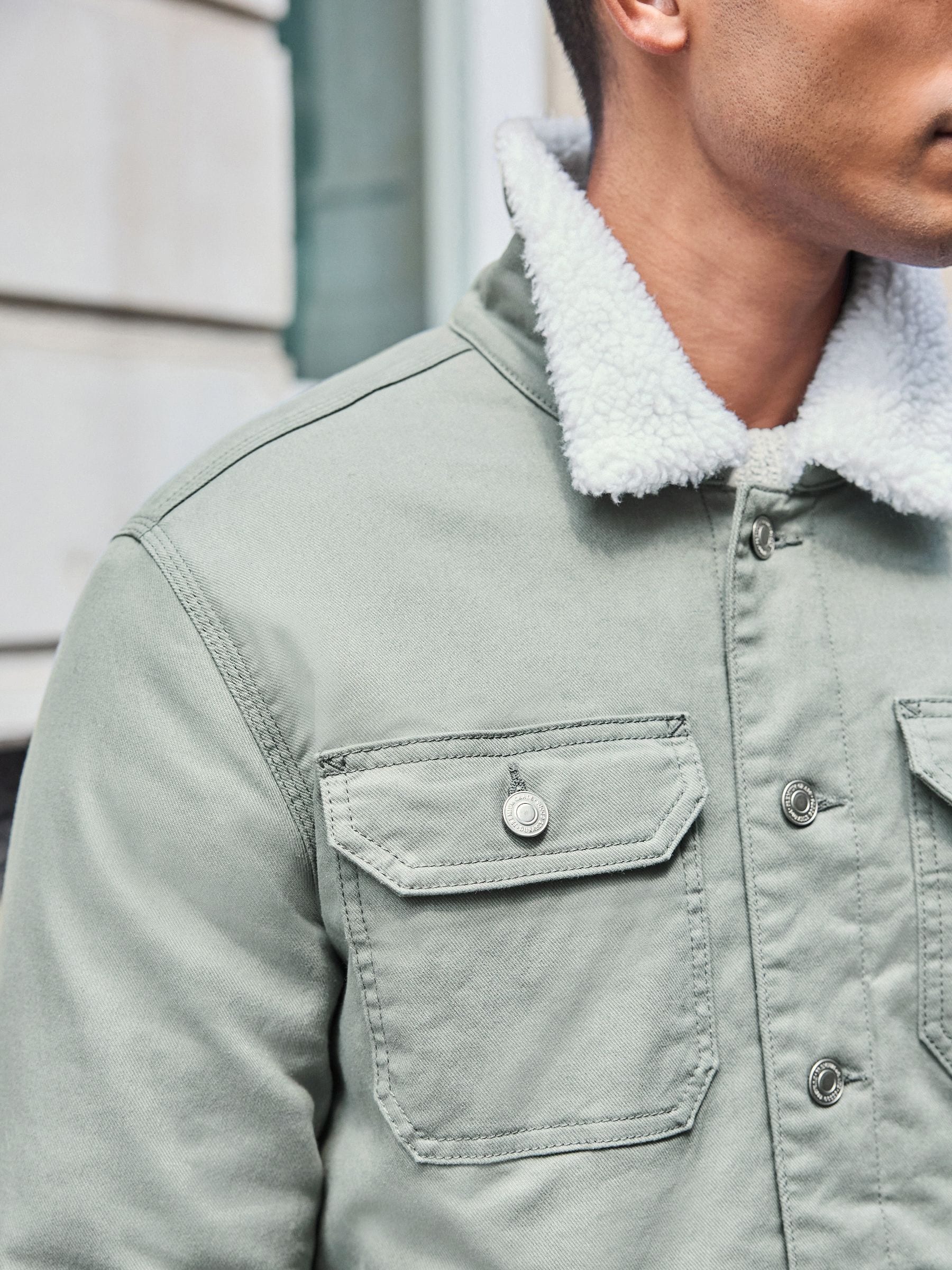 Buy Sage Green Borg Collared Denim Trucker Jacket from Next USA