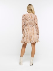 River Island Brown Plisse Tied Mini Dress - Image 2 of 4