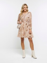 River Island Brown Plisse Tied Mini Dress - Image 3 of 4