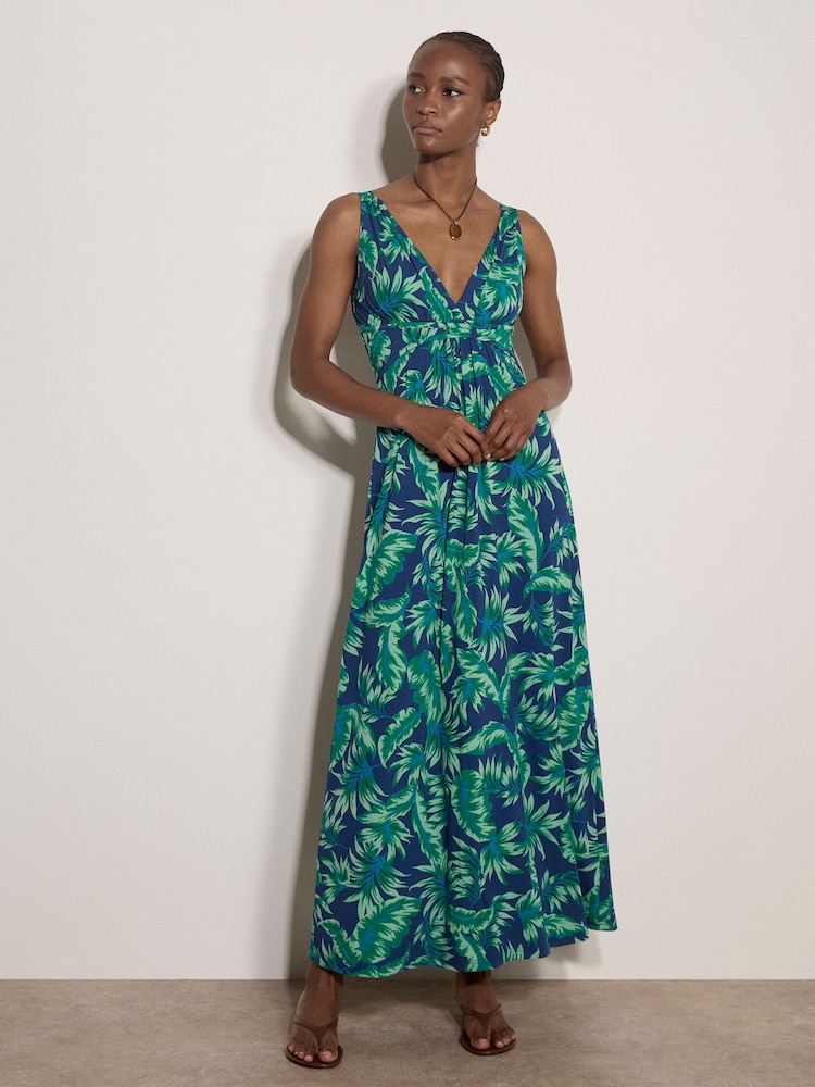 Apricot Blue Tropical Leaf Jersey Maxi Dress - Image 4 of 4