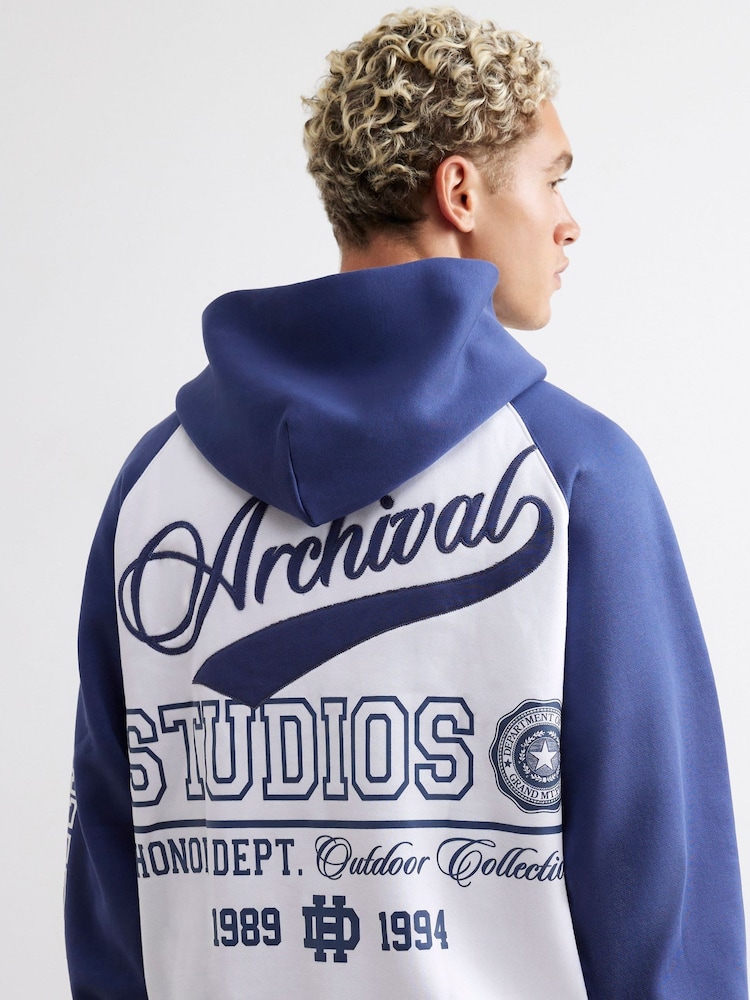 River Island Blue Oversized Archival Embroidered Hoodie - Image 2 of 4 River Island Blue Oversized Archival Embroidered Hoodie - Image 2 of 4