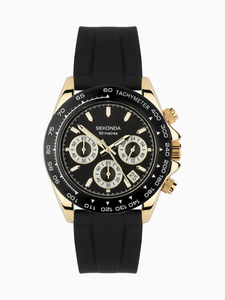 Sekonda Mens Circuit 39mm Analogue Black Watch With Gold Case And Silicone Strap With Dial - Image 2 of 6
