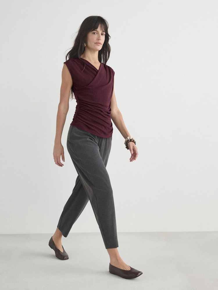 Wine V-Neck Drape Short Sleeve Top - Image 2 of 8 Wine V-Neck Drape Short Sleeve Top - Image 2 of 8