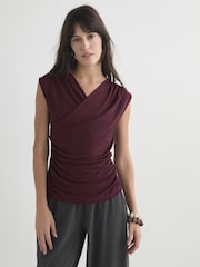 Wine V-Neck Drape Short Sleeve Top - Image 3 of 8