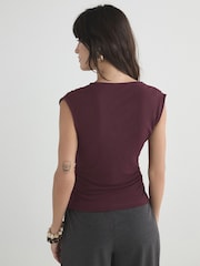 Wine V-Neck Drape Short Sleeve Top - Image 4 of 8