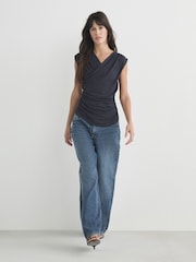 Charcoal Grey V-Neck Drape Short Sleeve Top - Image 2 of 8
