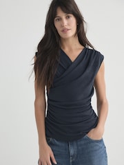 Charcoal Grey V-Neck Drape Short Sleeve Top - Image 3 of 8