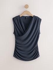 Charcoal Grey V-Neck Drape Short Sleeve Top - Image 6 of 8