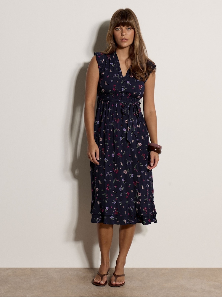 Apricot Blue Ditsy Floral Ruffle Midi Dress - Image 1 of 4 Apricot Blue Ditsy Floral Ruffle Midi Dress - Image 1 of 4