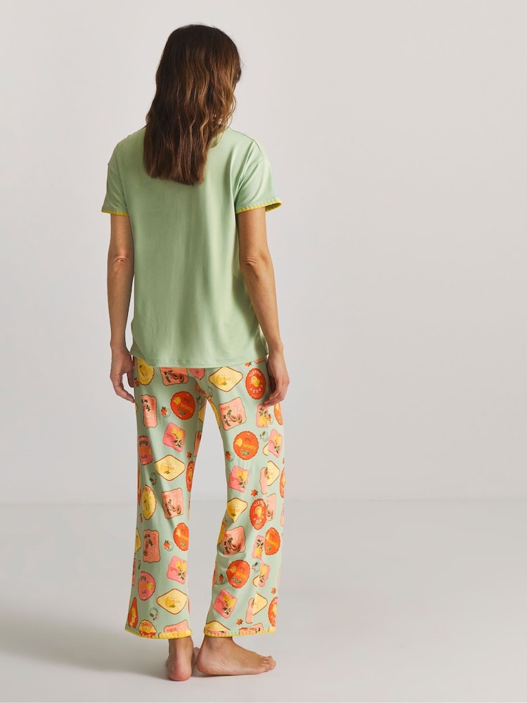 Figleaves Green Blanket Stitch Fruit Pyjamas Set - Image 2 of 4 Figleaves Green Blanket Stitch Fruit Pyjamas Set - Image 2 of 4