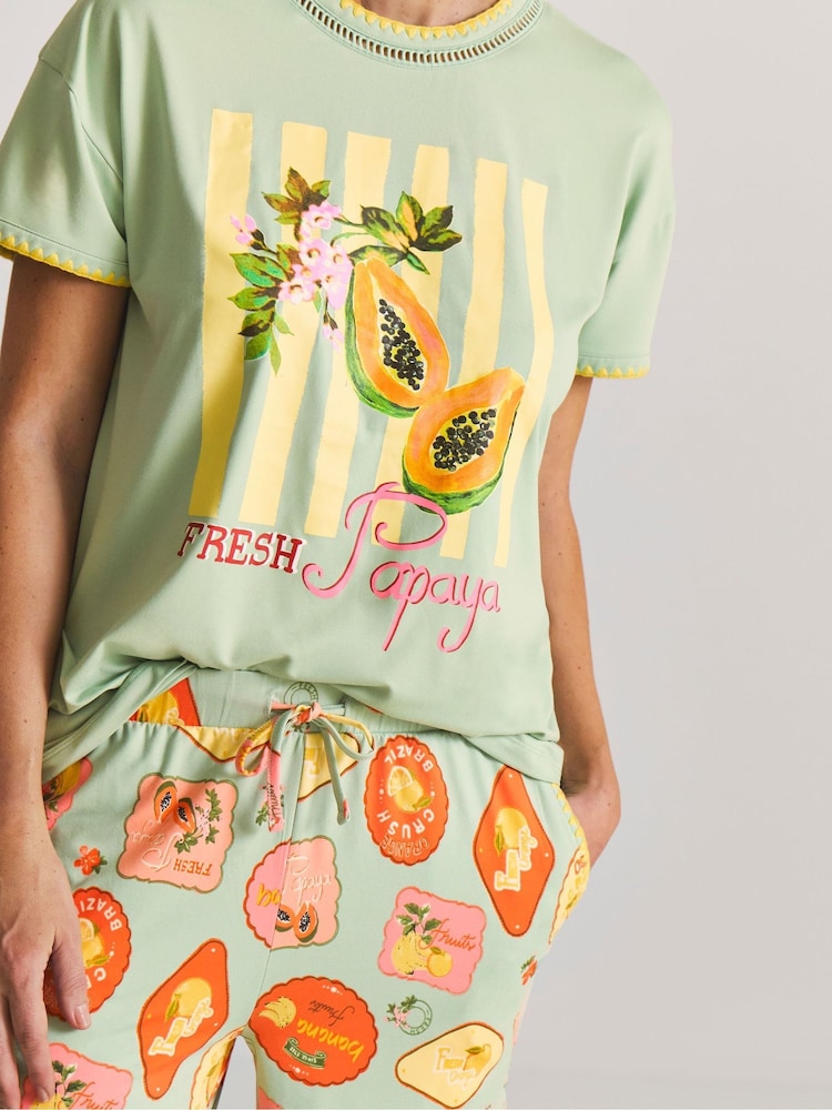 Figleaves Green Blanket Stitch Fruit Pyjamas Set - Image 4 of 4 Figleaves Green Blanket Stitch Fruit Pyjamas Set - Image 4 of 4