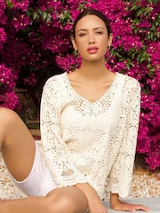Roman Cream Crochet V-Neck 3/4 Sleeve 100% Cotton Tunic Top - Image 1 of 5
