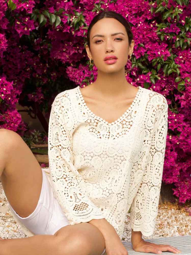 Roman Cream Crochet V-Neck 3/4 Sleeve 100% Cotton Tunic Top - Image 1 of 5