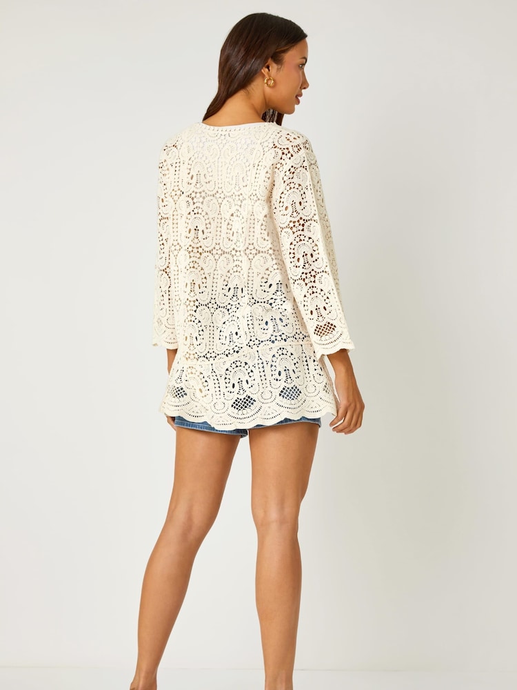 Roman Cream Crochet V-Neck 3/4 Sleeve 100% Cotton Tunic Top - Image 2 of 5