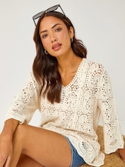 Roman Cream Crochet V-Neck 3/4 Sleeve 100% Cotton Tunic Top - Image 4 of 5