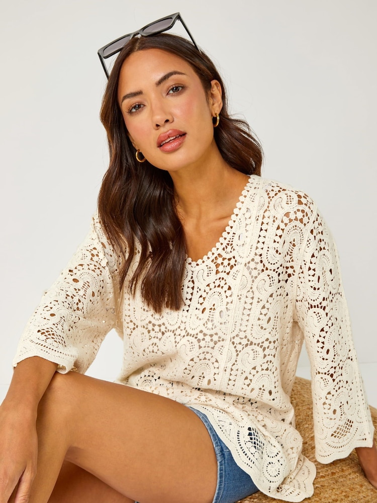Roman Cream Crochet V-Neck 3/4 Sleeve 100% Cotton Tunic Top - Image 4 of 5