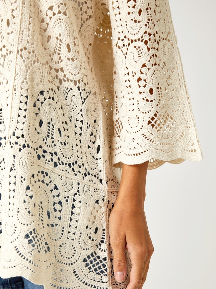 Roman Cream Crochet V-Neck 3/4 Sleeve 100% Cotton Tunic Top - Image 5 of 5
