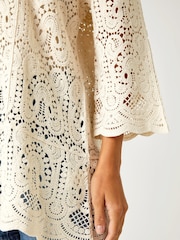 Roman Cream Crochet V-Neck 3/4 Sleeve 100% Cotton Tunic Top - Image 7 of 7