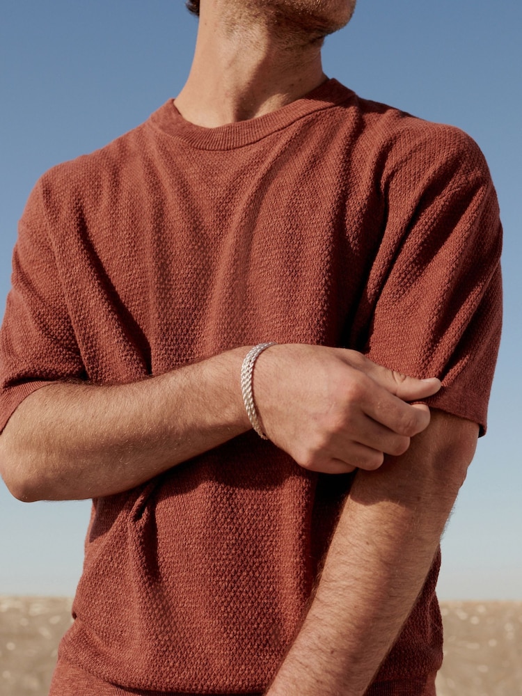 Rust Brown Relaxed Linen Blend Knitted Crew Neck T-Shirt - Image 1 of 7