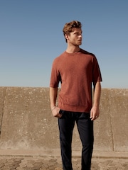 Rust Brown Relaxed Linen Blend Knitted Crew Neck T-Shirt - Image 2 of 7
